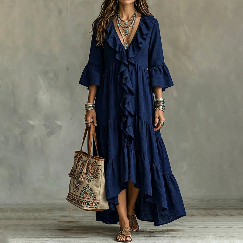 Abito midi donna bohemien con volant e scollo a V