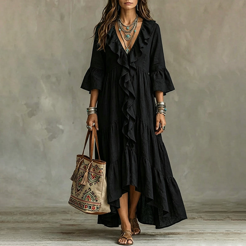 Abito midi donna bohemien con volant e scollo a V