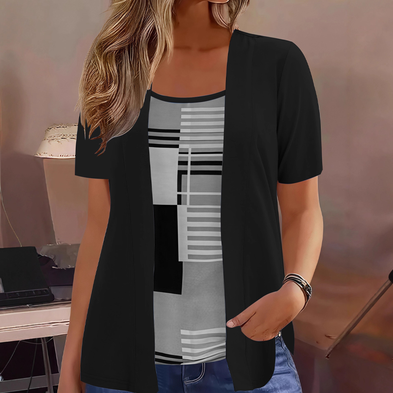 T-shirt donna effetto sovrapposto con stampa geometrica