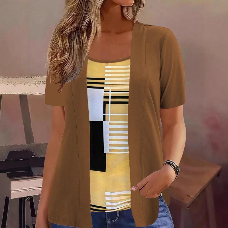 T-shirt donna effetto sovrapposto con stampa geometrica