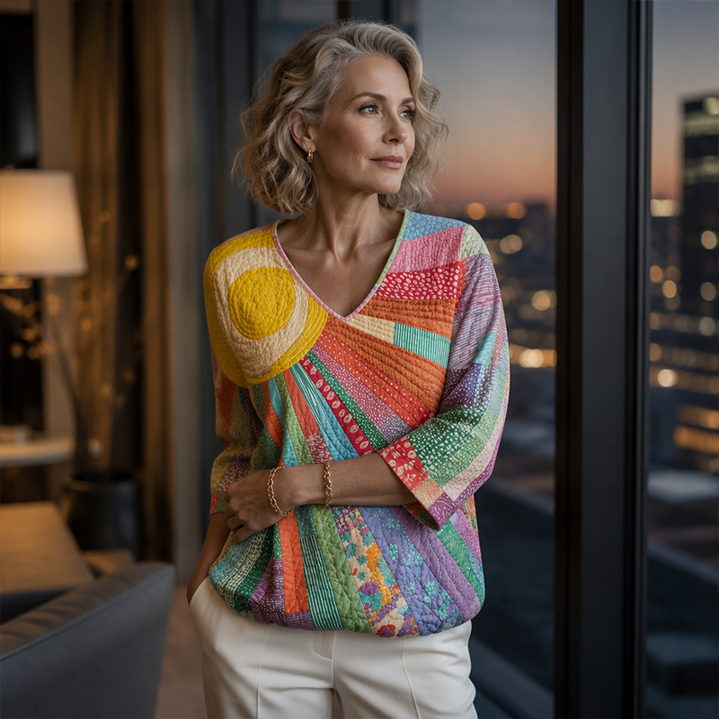 Blusa donna patchwork rétro con scollo a V