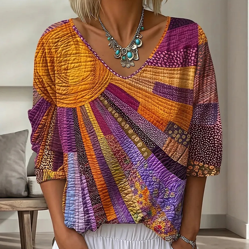 Blusa donna patchwork rétro con scollo a V