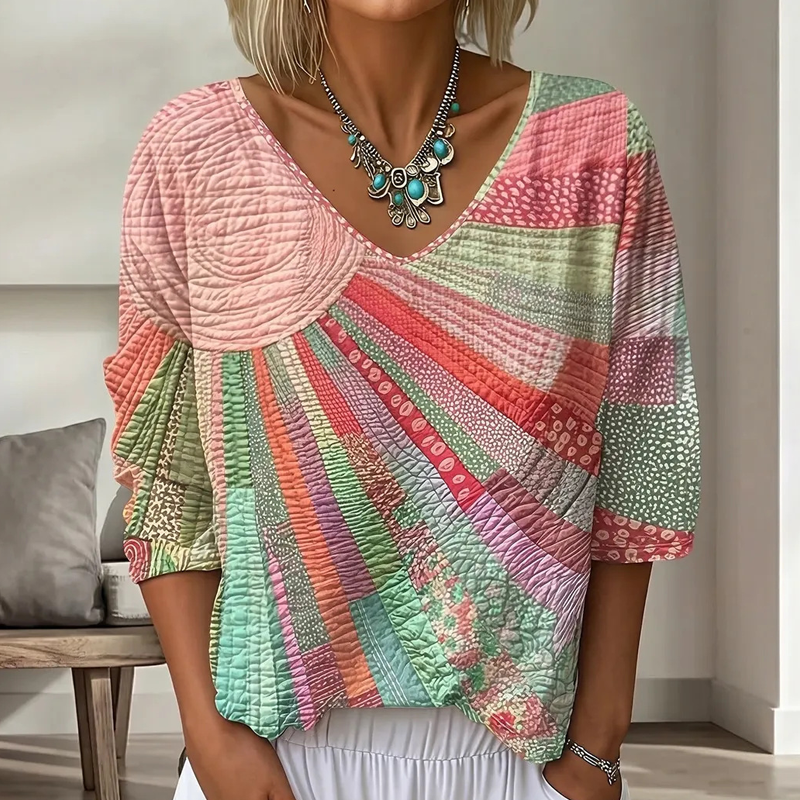 Blusa donna patchwork rétro con scollo a V