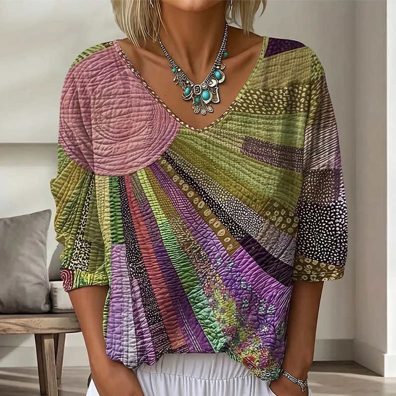 Blusa donna patchwork rétro con scollo a V