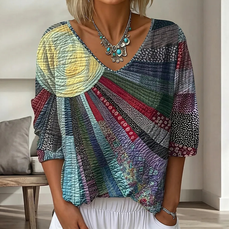 Blusa donna patchwork rétro con scollo a V
