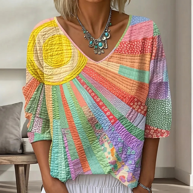 Blusa donna patchwork rétro con scollo a V