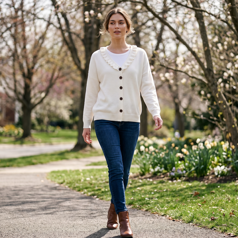 Cardigan donna in maglia con bottoni e colletto volant