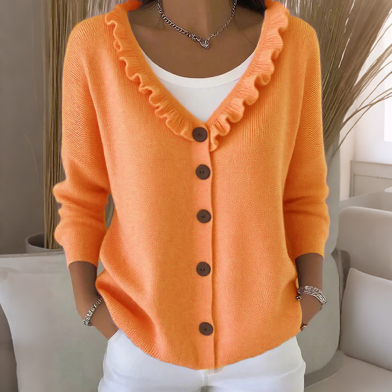 Cardigan donna in maglia con bottoni e colletto volant