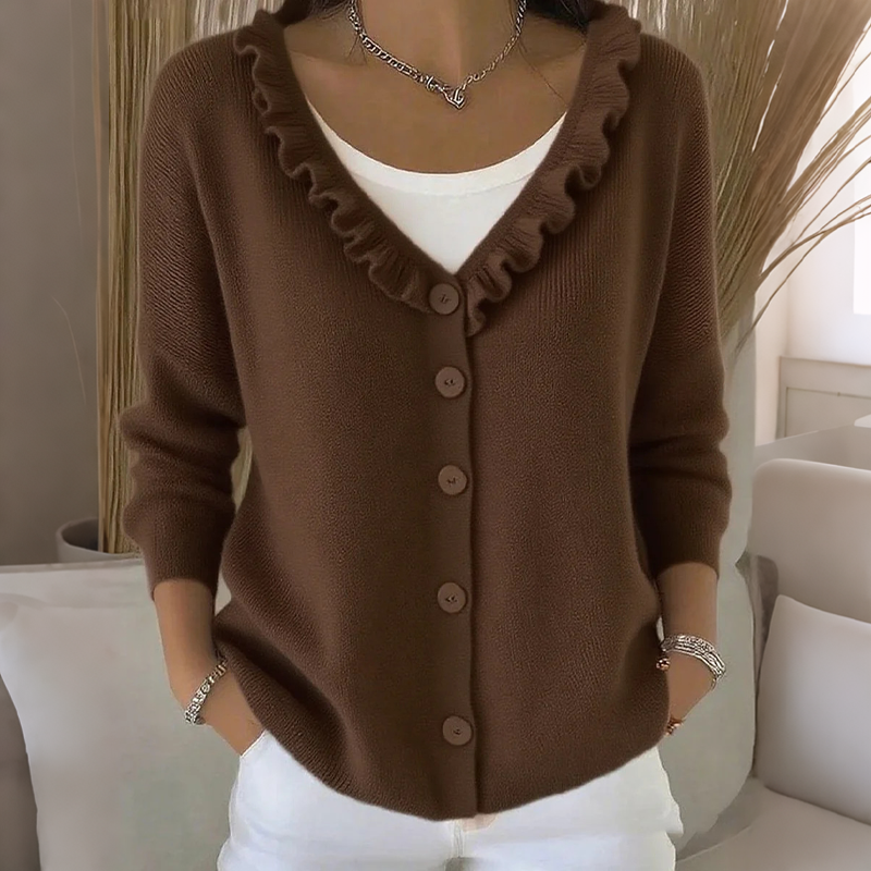 Cardigan donna in maglia con bottoni e colletto volant