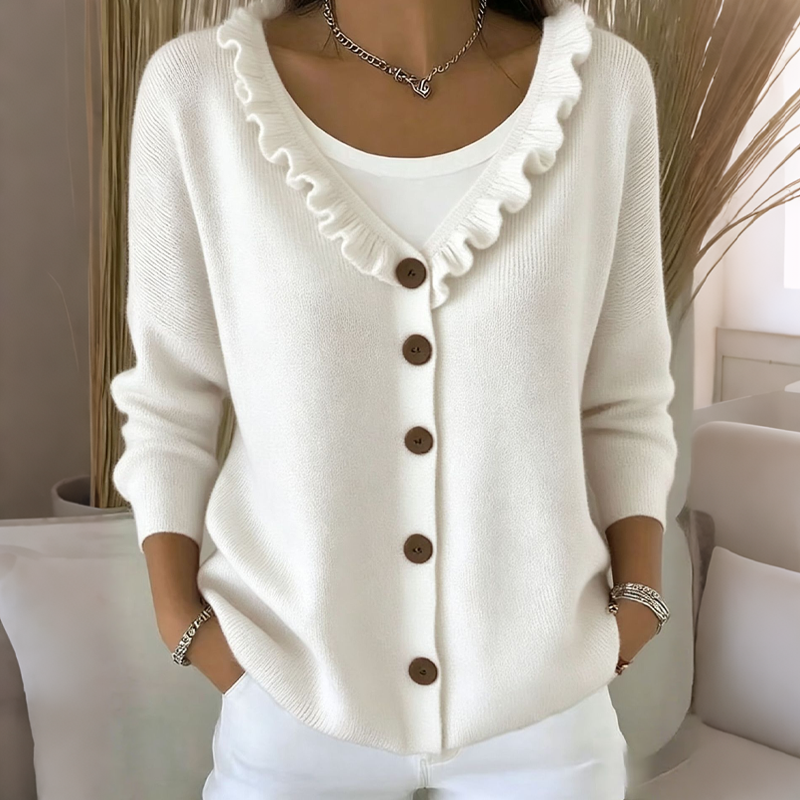 Cardigan donna in maglia con bottoni e colletto volant