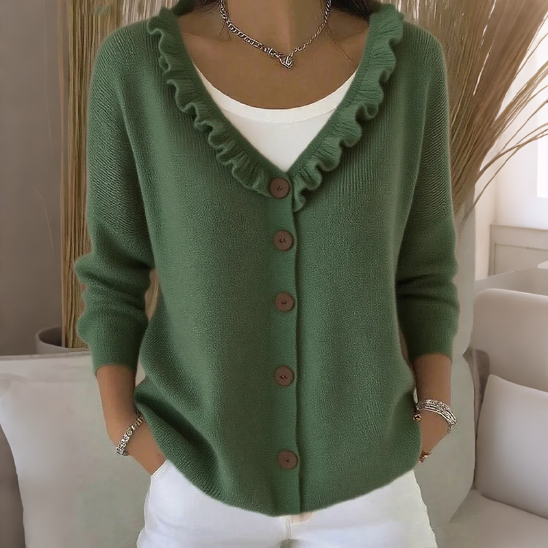 Cardigan donna in maglia con bottoni e colletto volant
