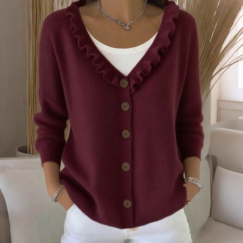Cardigan donna in maglia con bottoni e colletto volant