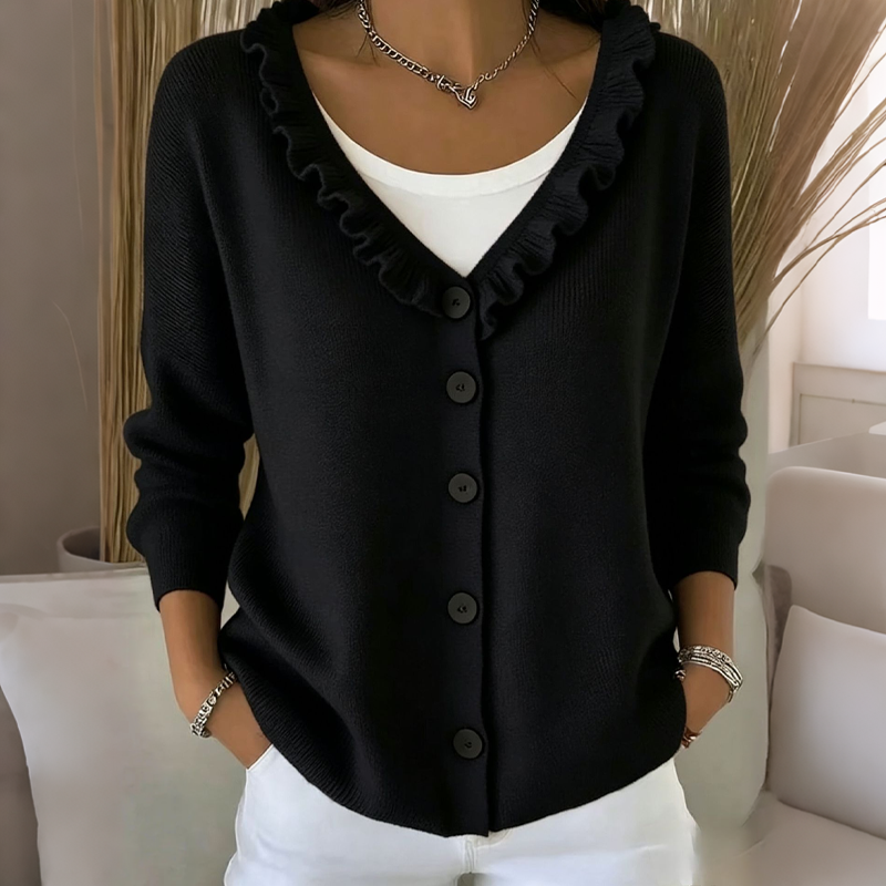 Cardigan donna in maglia con bottoni e colletto volant