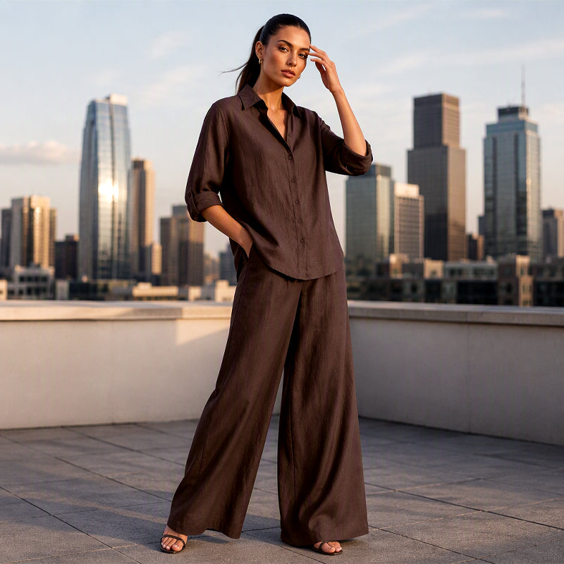 Completo donna camicia bottonata con pantaloni larghi fluidi