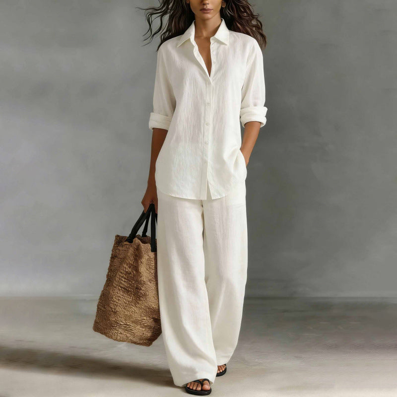 Completo donna camicia bottonata con pantaloni larghi fluidi
