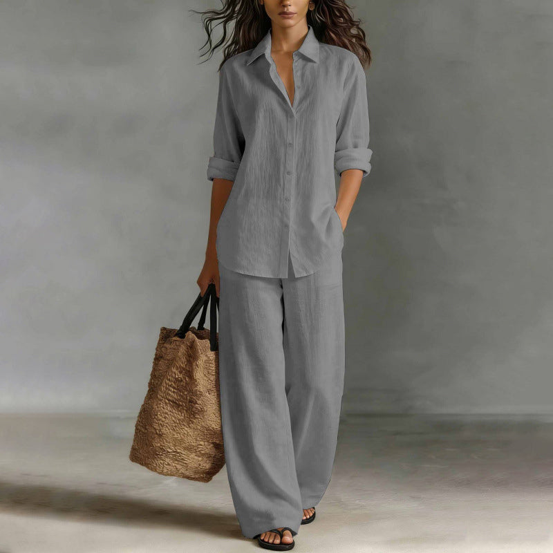 Completo donna camicia bottonata con pantaloni larghi fluidi