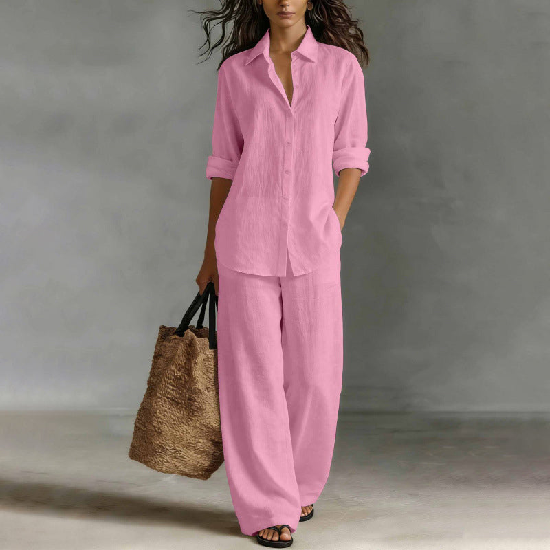 Completo donna camicia bottonata con pantaloni larghi fluidi