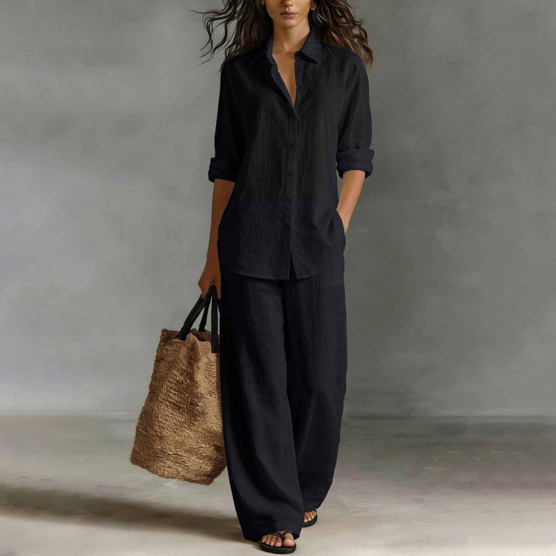 Completo donna camicia bottonata con pantaloni larghi fluidi