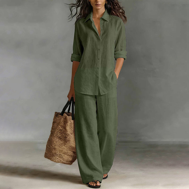 Completo donna camicia bottonata con pantaloni larghi fluidi