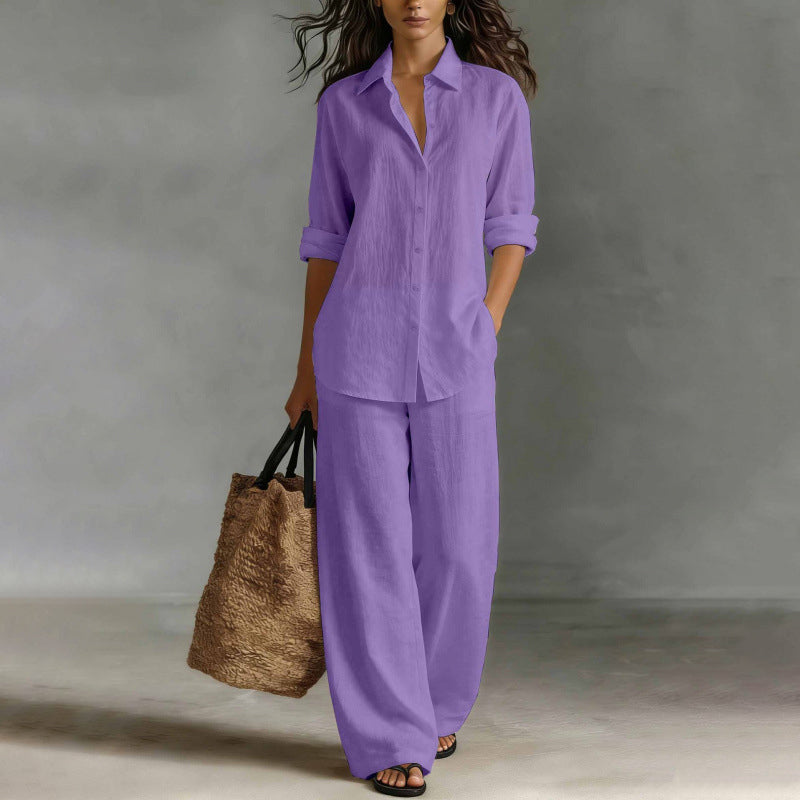 Completo donna camicia bottonata con pantaloni larghi fluidi