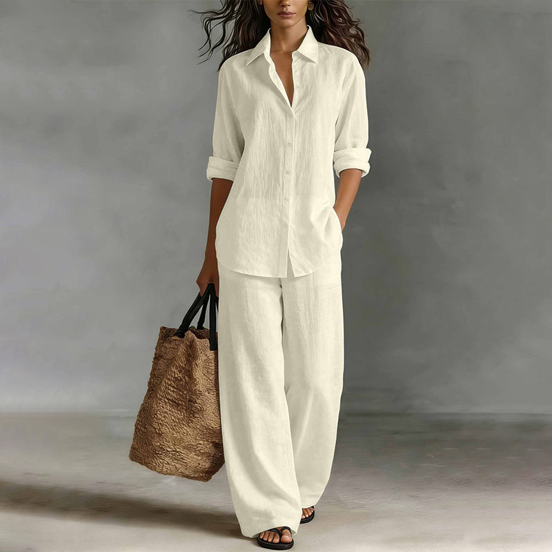 Completo donna camicia bottonata con pantaloni larghi fluidi