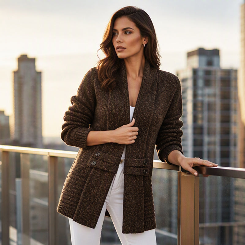 Cardigan donna in maglia incrociato con bottoni decorativi