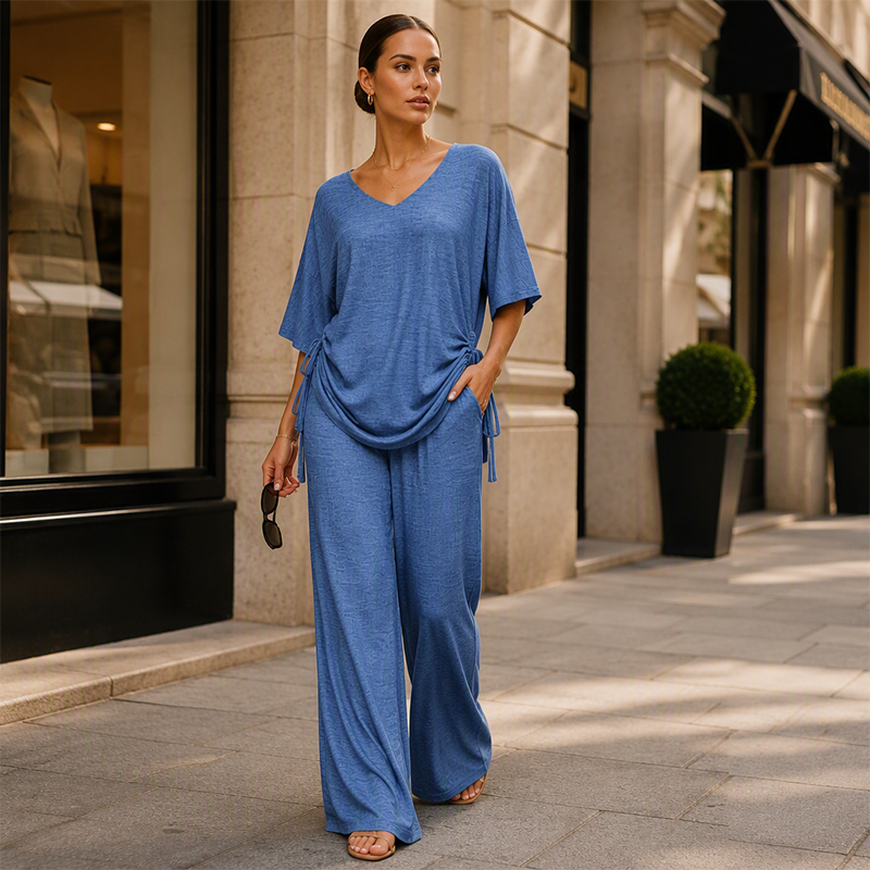 Completo donna fluido con top regolabile e pantaloni larghi