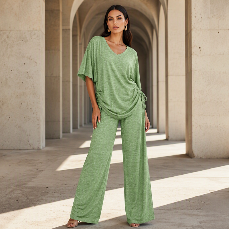 Completo donna fluido con top regolabile e pantaloni larghi