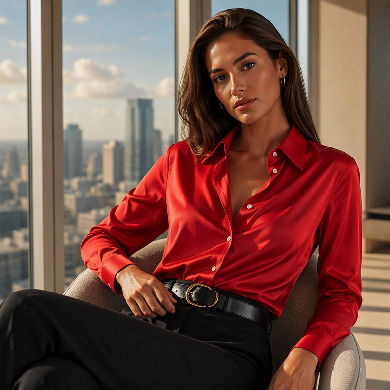 Blusa donna elegante effetto satinato con colletto e bottoni