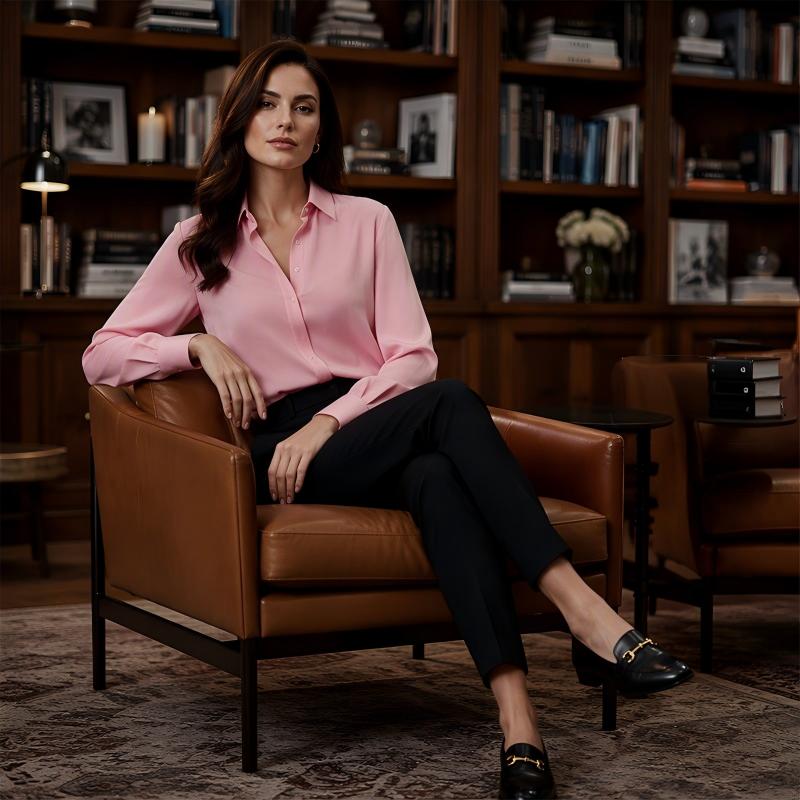 Blusa donna elegante effetto satinato con colletto e bottoni