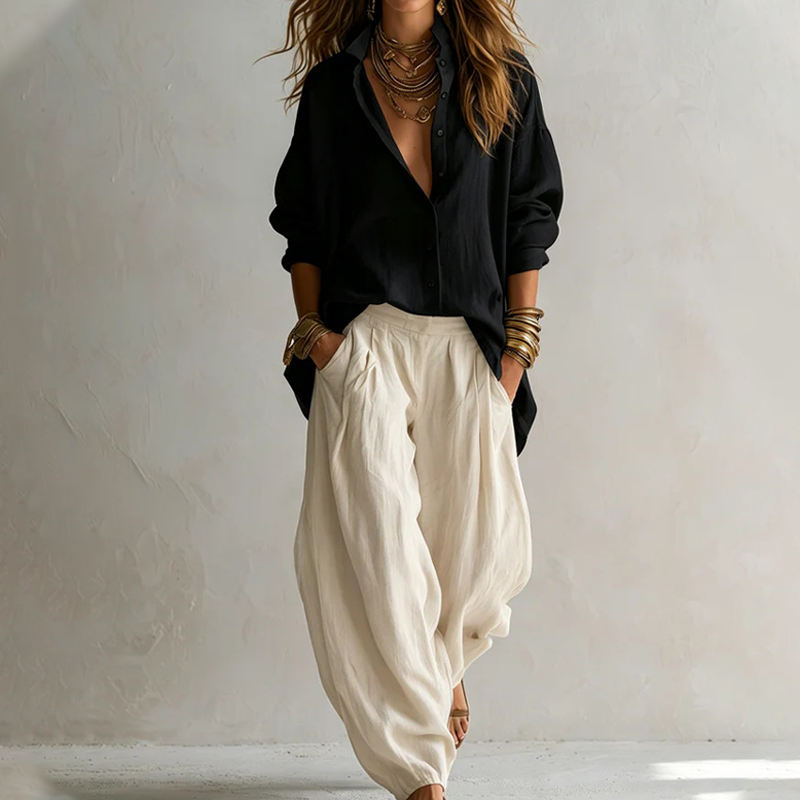 Completo donna con camicia ampia e pantaloni fluidi