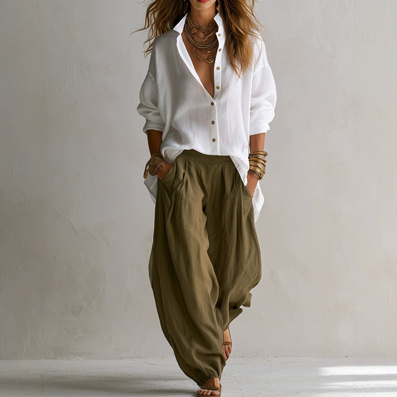Completo donna con camicia ampia e pantaloni fluidi