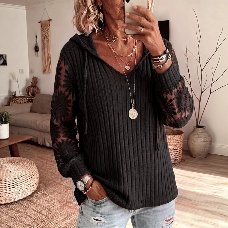 Top donna con cappuccio e maniche in pizzo floreale