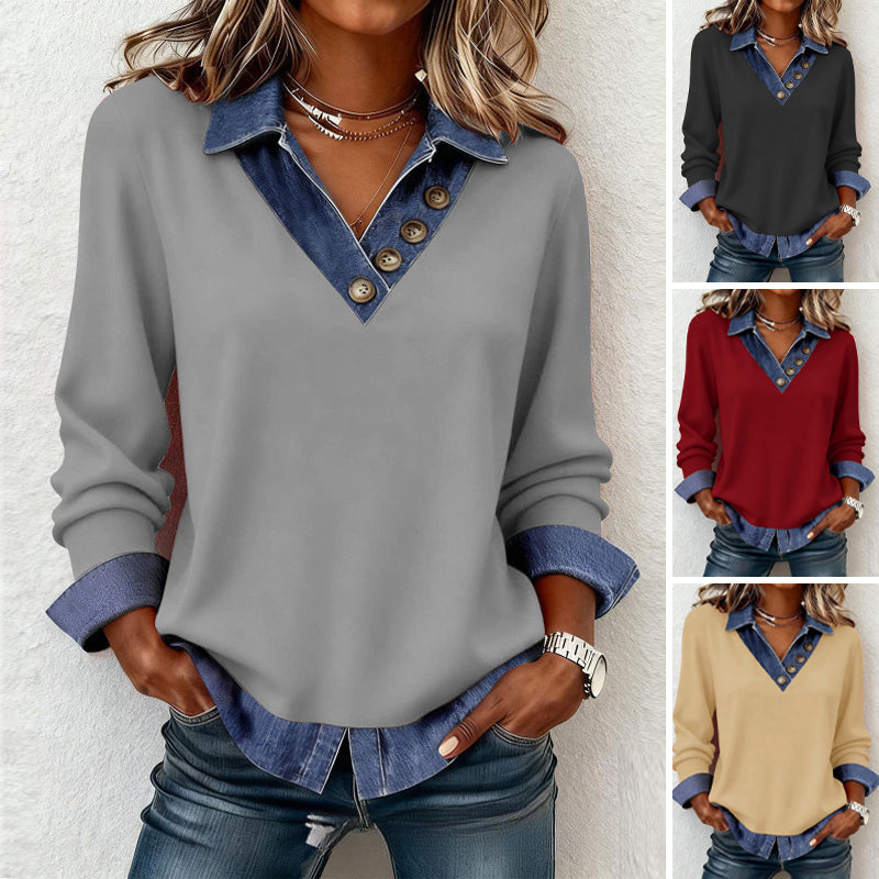 Camicia donna effetto sovrapposto con colletto denim