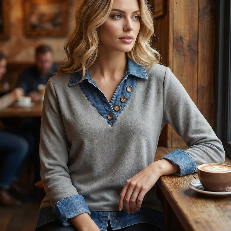 Camicia donna effetto sovrapposto con colletto denim