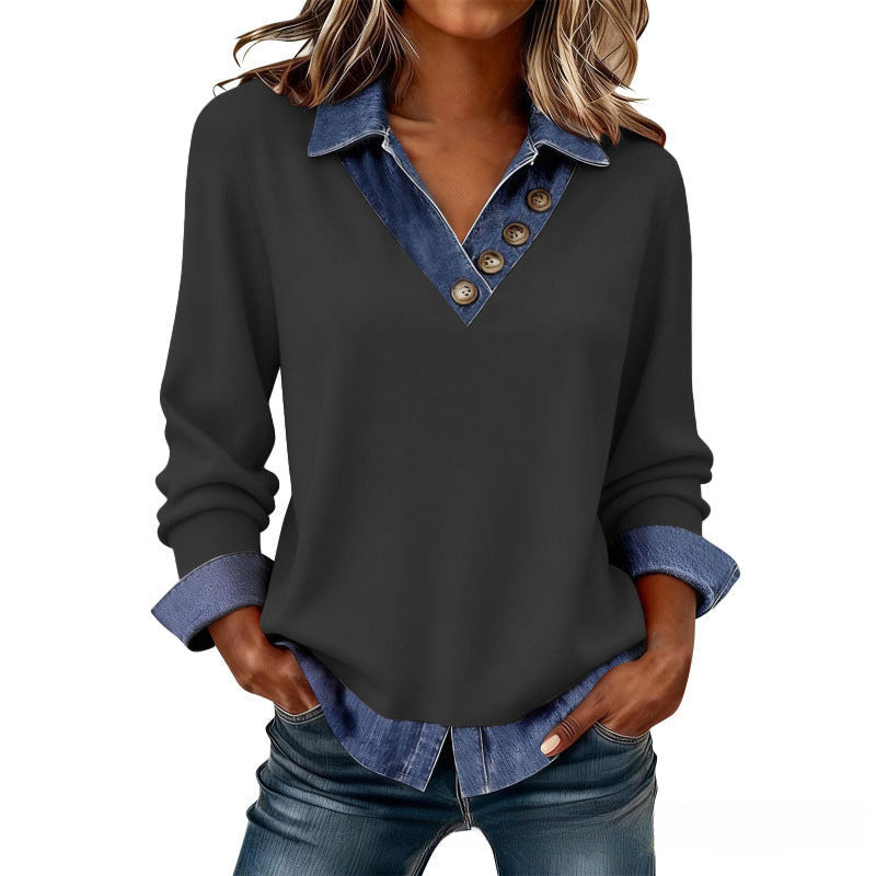 Camicia donna effetto sovrapposto con colletto denim
