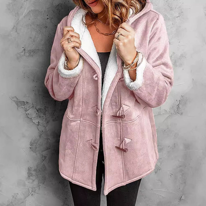 Cappotto donna con cappuccio effetto suede e interno morbido