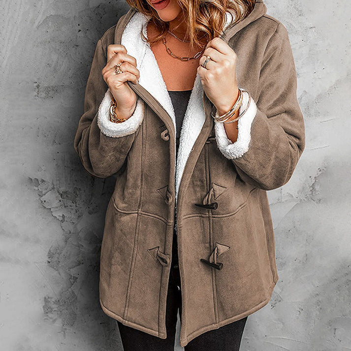 Cappotto donna con cappuccio effetto suede e interno morbido
