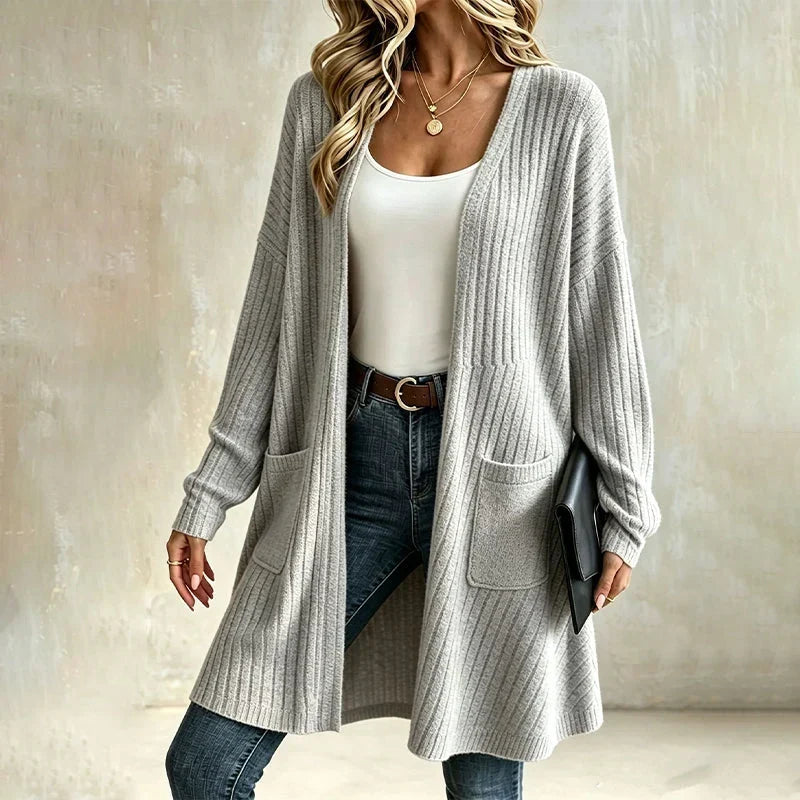 Cardigan lungo donna aperto con lavorazione a coste e tasche