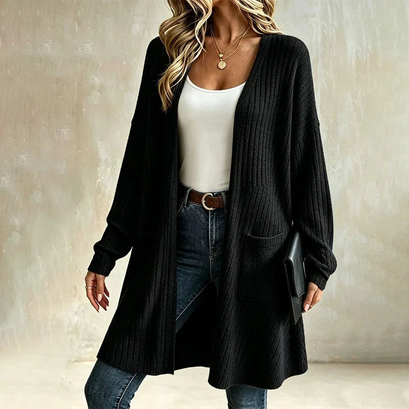 Cardigan lungo donna aperto con lavorazione a coste e tasche