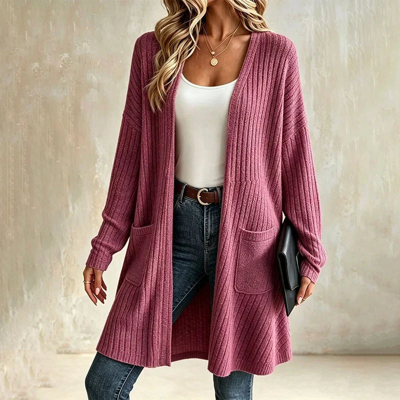 Cardigan lungo donna aperto con lavorazione a coste e tasche
