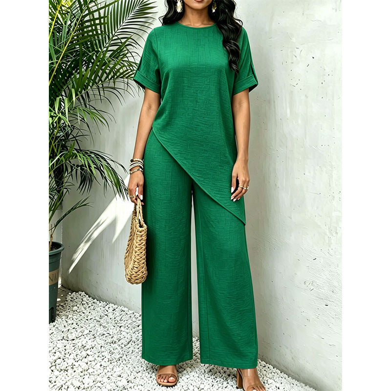Completo donna due pezzi con top asimmetrico e pantaloni larghi