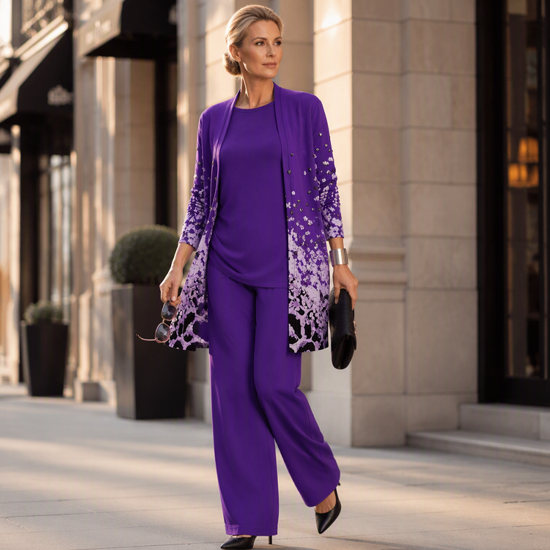 Completo donna tre pezzi elegante con cardigan lungo stampato