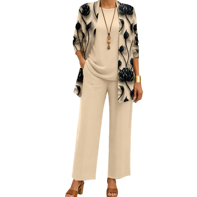 Completo donna tre pezzi elegante con cardigan lungo stampato