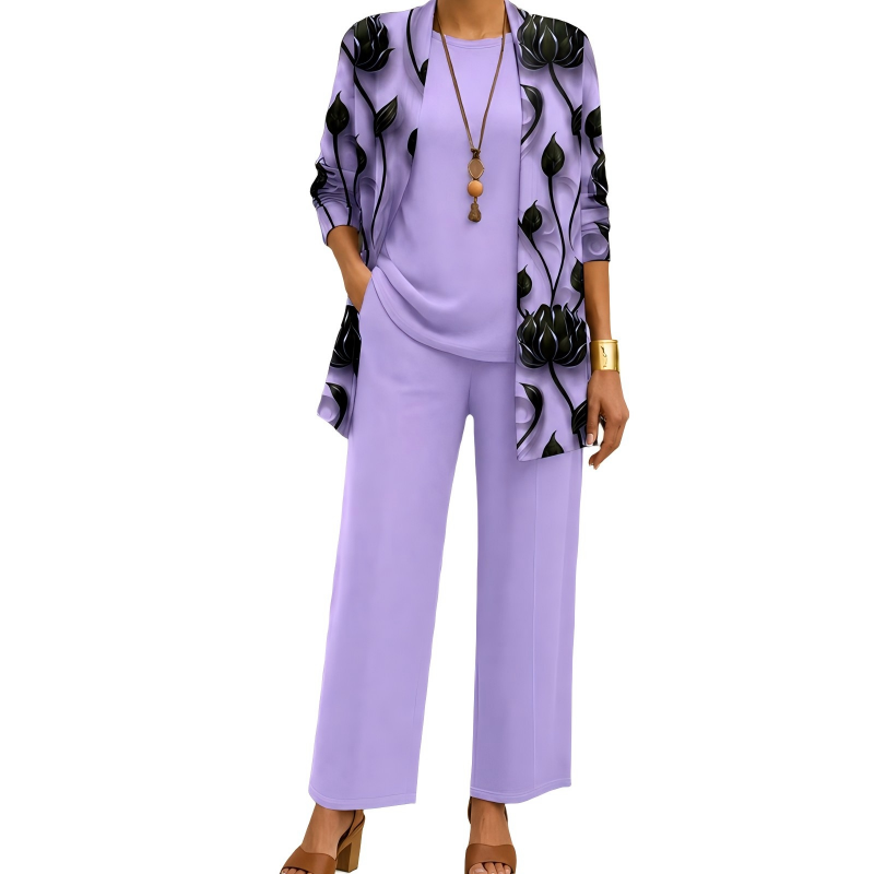 Completo donna tre pezzi elegante con cardigan lungo stampato