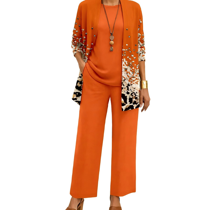 Completo donna tre pezzi elegante con cardigan lungo stampato