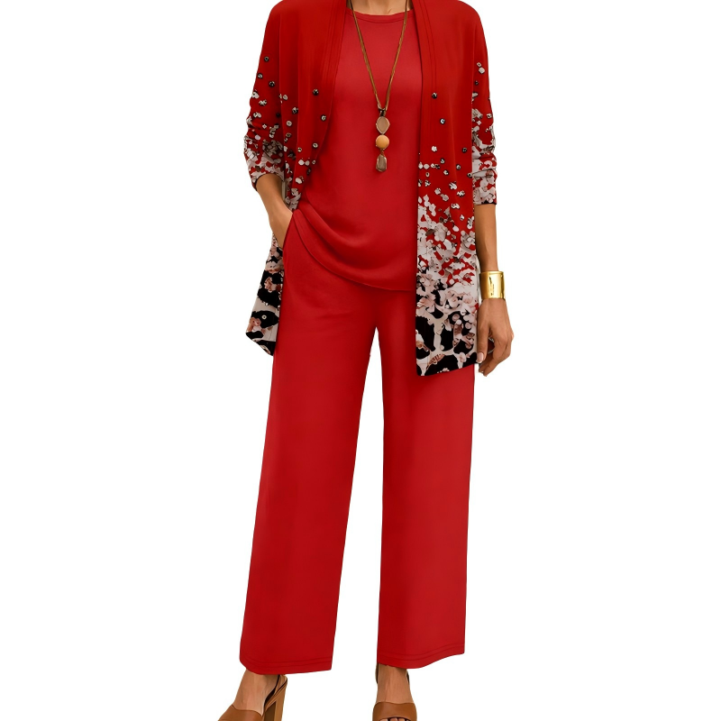 Completo donna tre pezzi elegante con cardigan lungo stampato