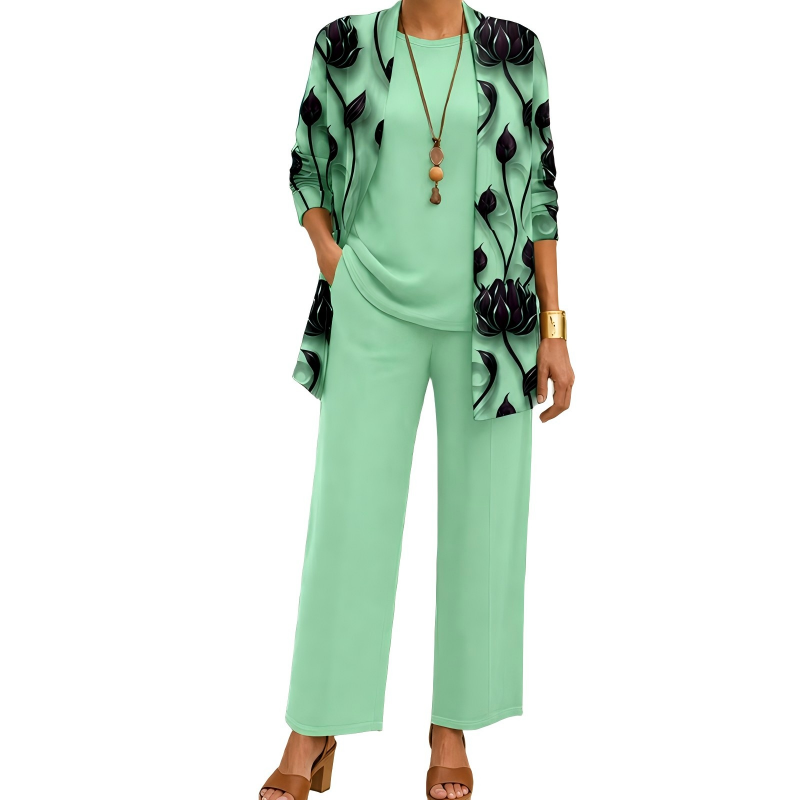 Completo donna tre pezzi elegante con cardigan lungo stampato