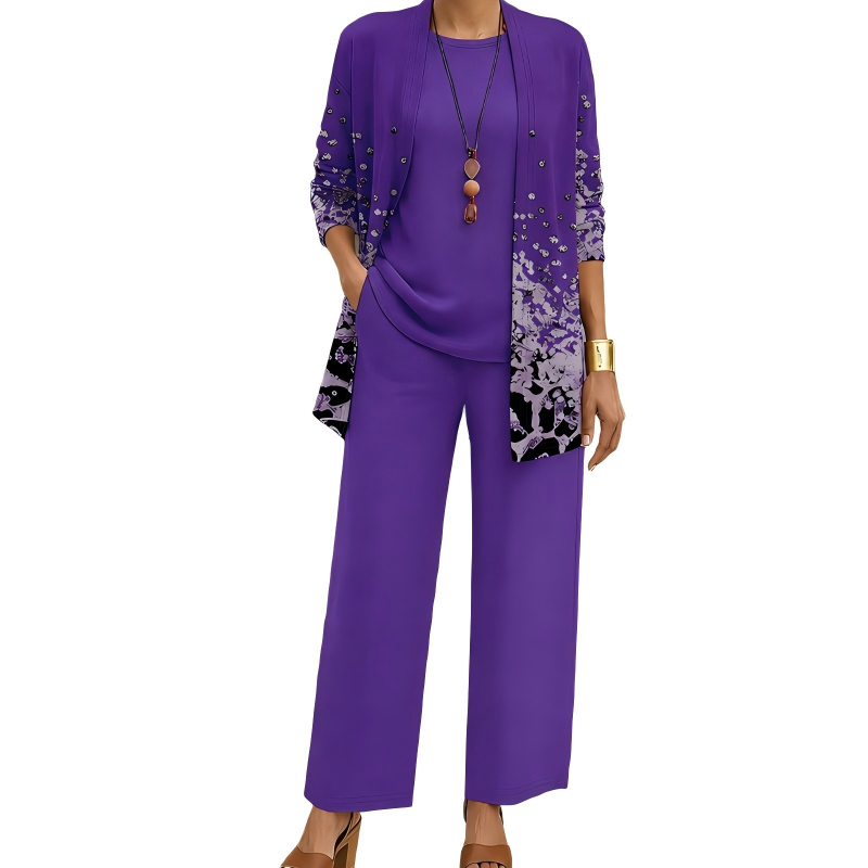 Completo donna tre pezzi elegante con cardigan lungo stampato