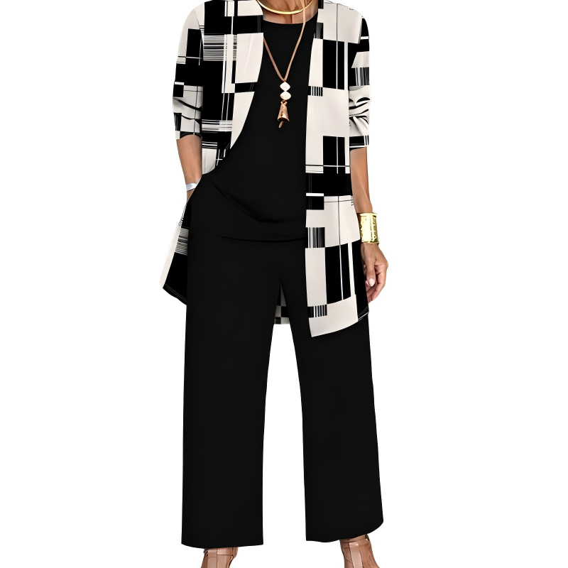 Completo donna tre pezzi elegante con cardigan lungo stampato